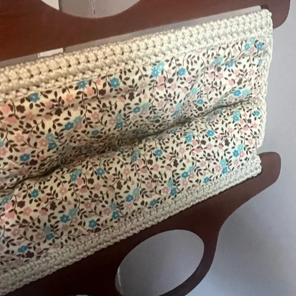 Vintage Macrame Lined Cable Knit Purse Boho Wood Handle Oatmeal Lined Homemade - Picture 3 of 3